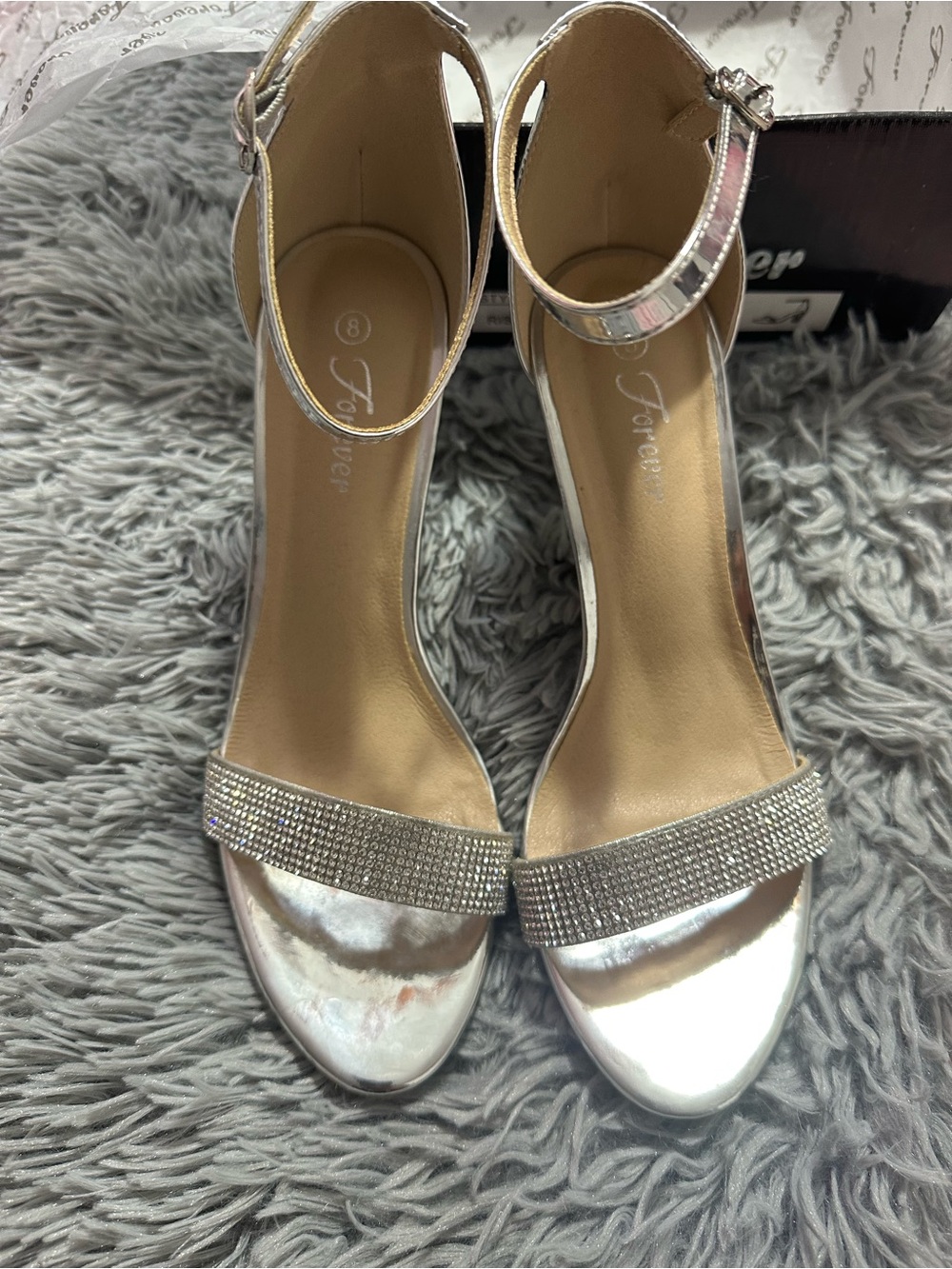 Forever 21 Metallic Silver Rhinestone Ankle-Strap Block Heels